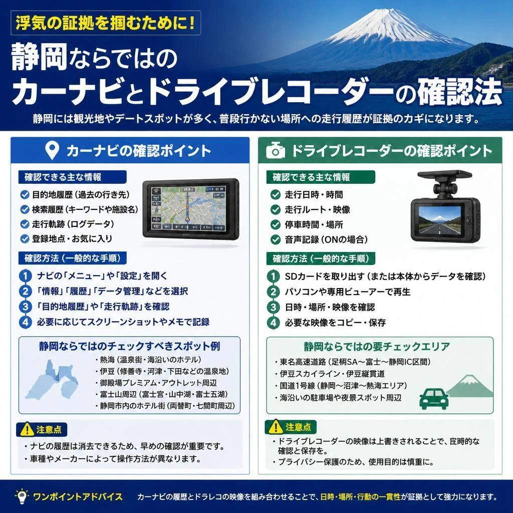 浮気の証拠を掴むために！静岡ならではのカーナビとドライブレコーダーの確認法